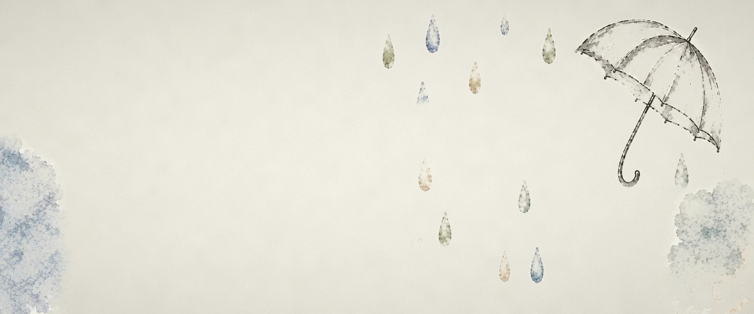 A sketched umbrella and pastel raindrops occupy the right of a wide cream banner, with pale blue watercolour patches at the edges.