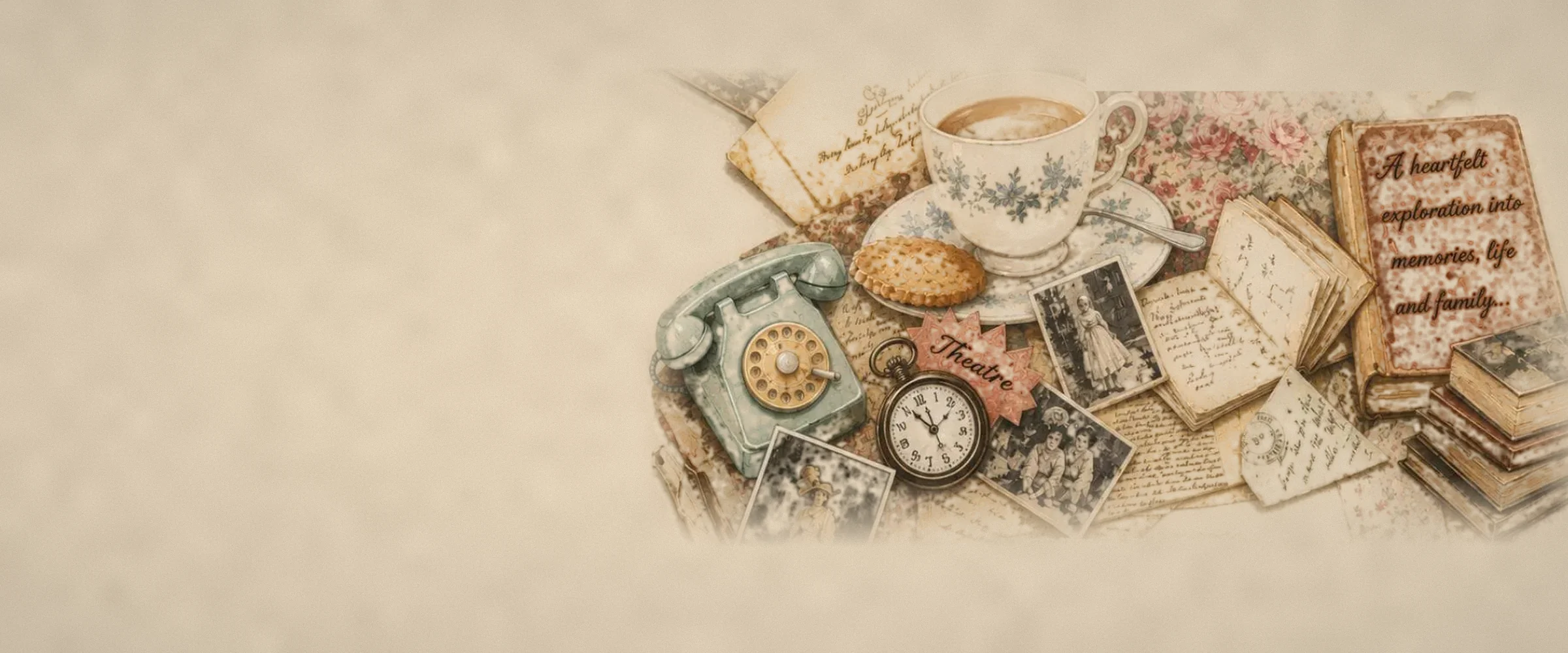 A teacup, telephone, watch, photographs and books cluster on the right of a cream banner. Text: “Theatre”; “A heartfelt exploration into memories, life and family...”. Smaller handwriting and dial markings are unclear.