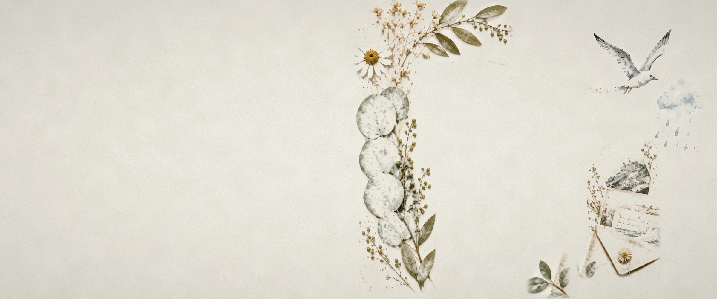 Leaves, dried flowers, a flying seagull, raincloud and old letters decorate the right of a wide cream banner. Small decorative handwriting is illegible.