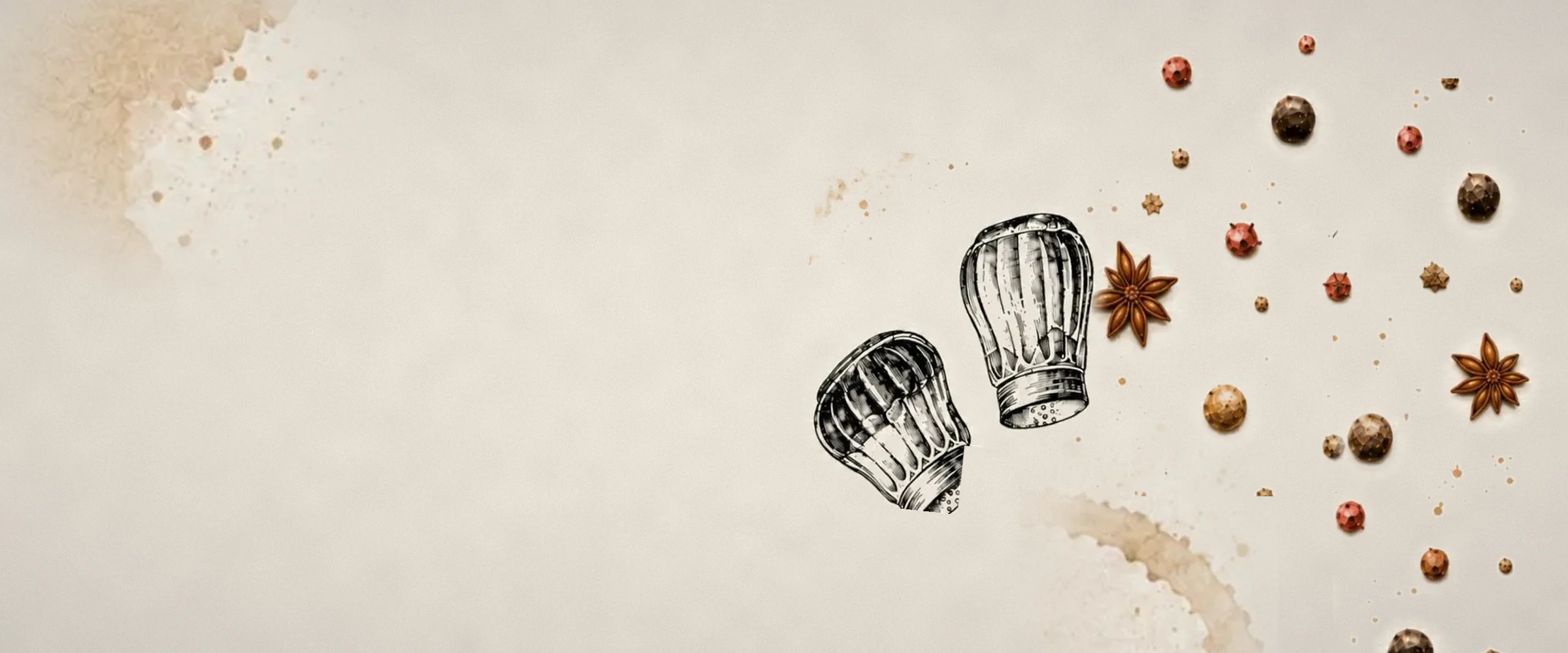 Two illustrated shakers, peppercorns and star anise cluster on the right of a wide cream banner with faint brown watercolour stains.
