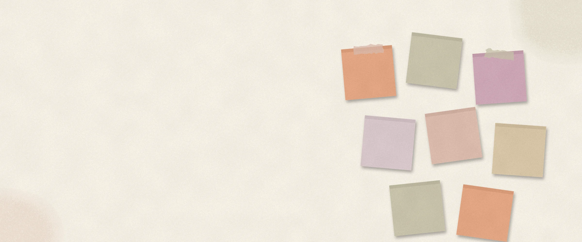 Eight blank pastel paper squares are grouped on the right of a wide, textured cream banner, leaving open space on the left.